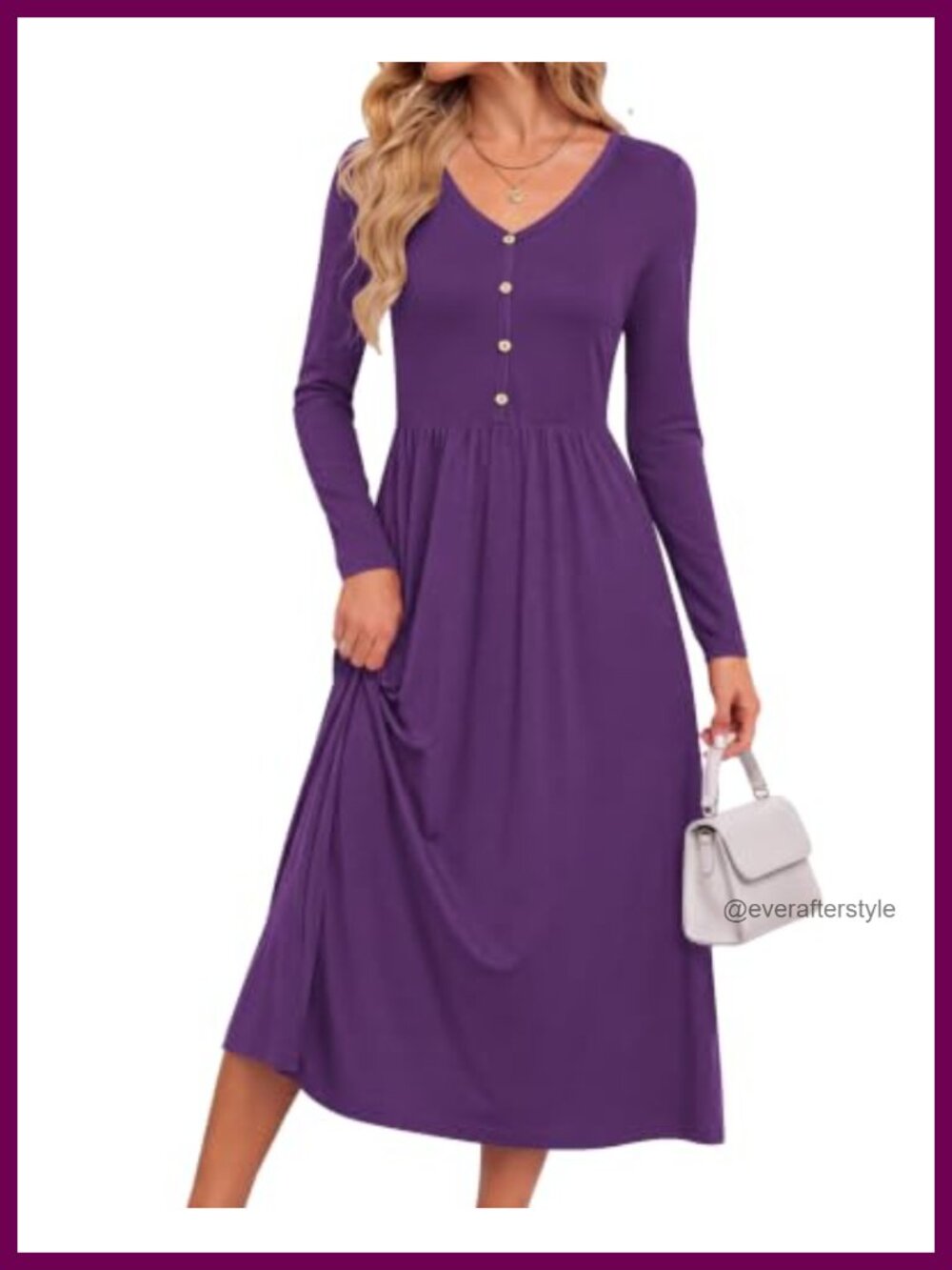Long Sleeve V Neck A Line Midi Dress with Pockets
